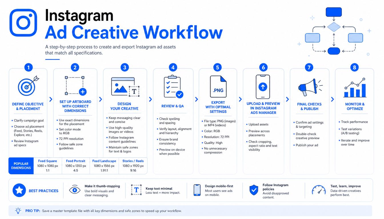 An infographic detailing an eight-step workflow for creating, designing, and optimizing professional Instagram ad creative assets.