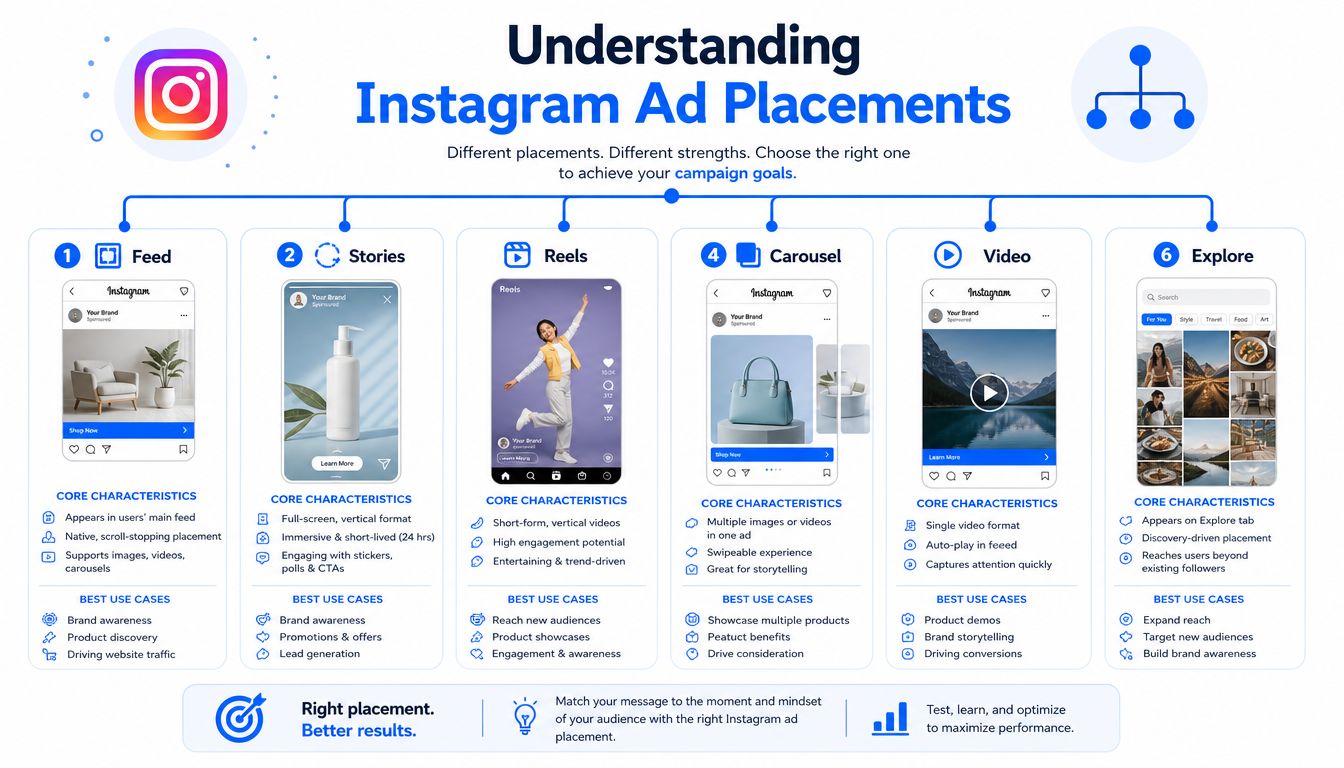 A visual guide illustrating six different Instagram ad placements with their core characteristics and best use cases.