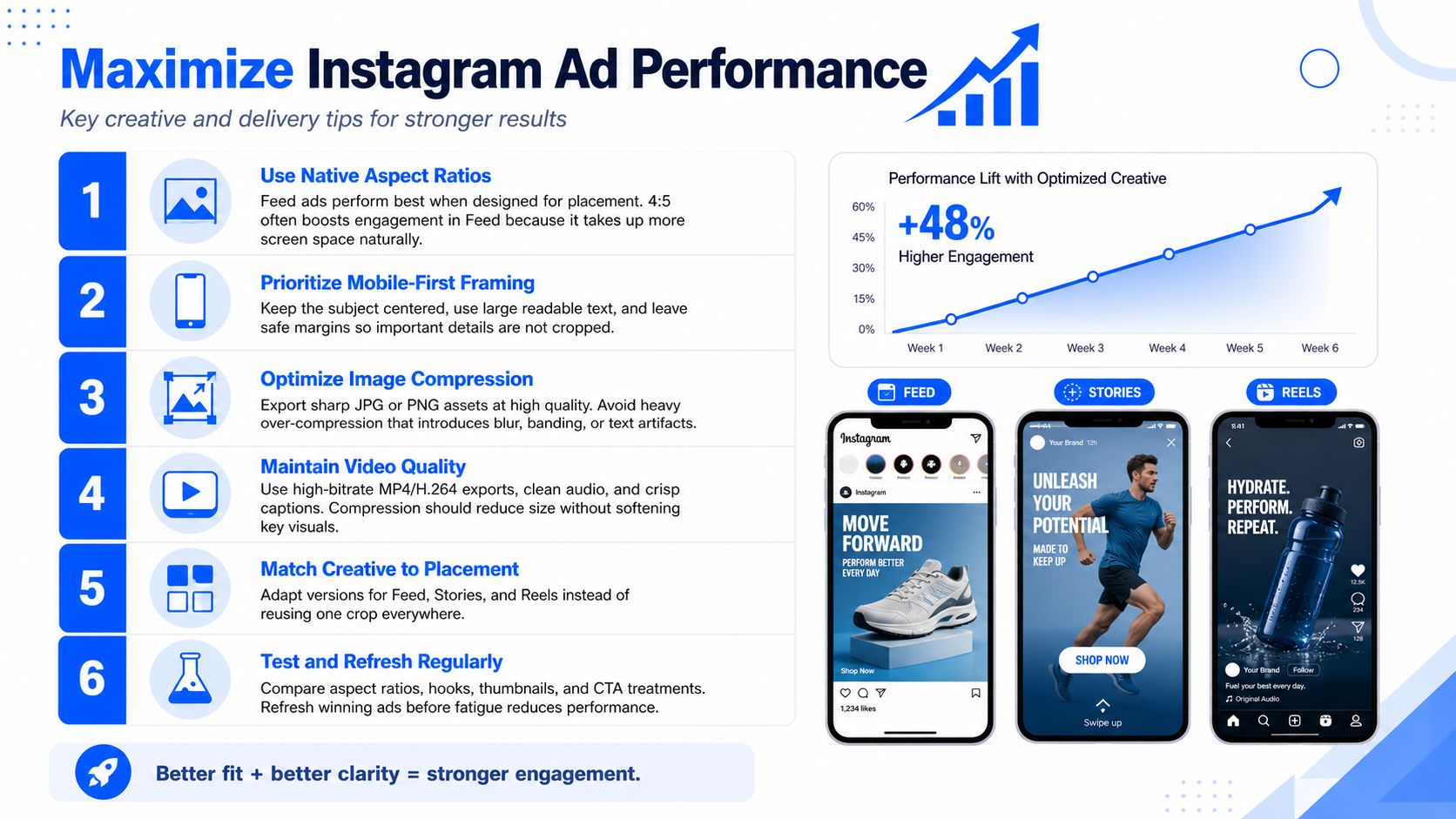 An infographic showing six tips for maximizing Instagram ad performance with examples for feed, stories, and reels.