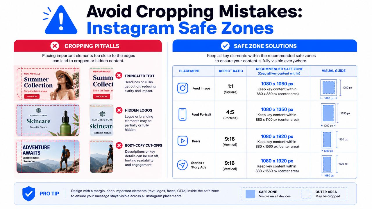 A guide showing Instagram safe zones to prevent cropping mistakes in feed images, portraits, reels, and stories.