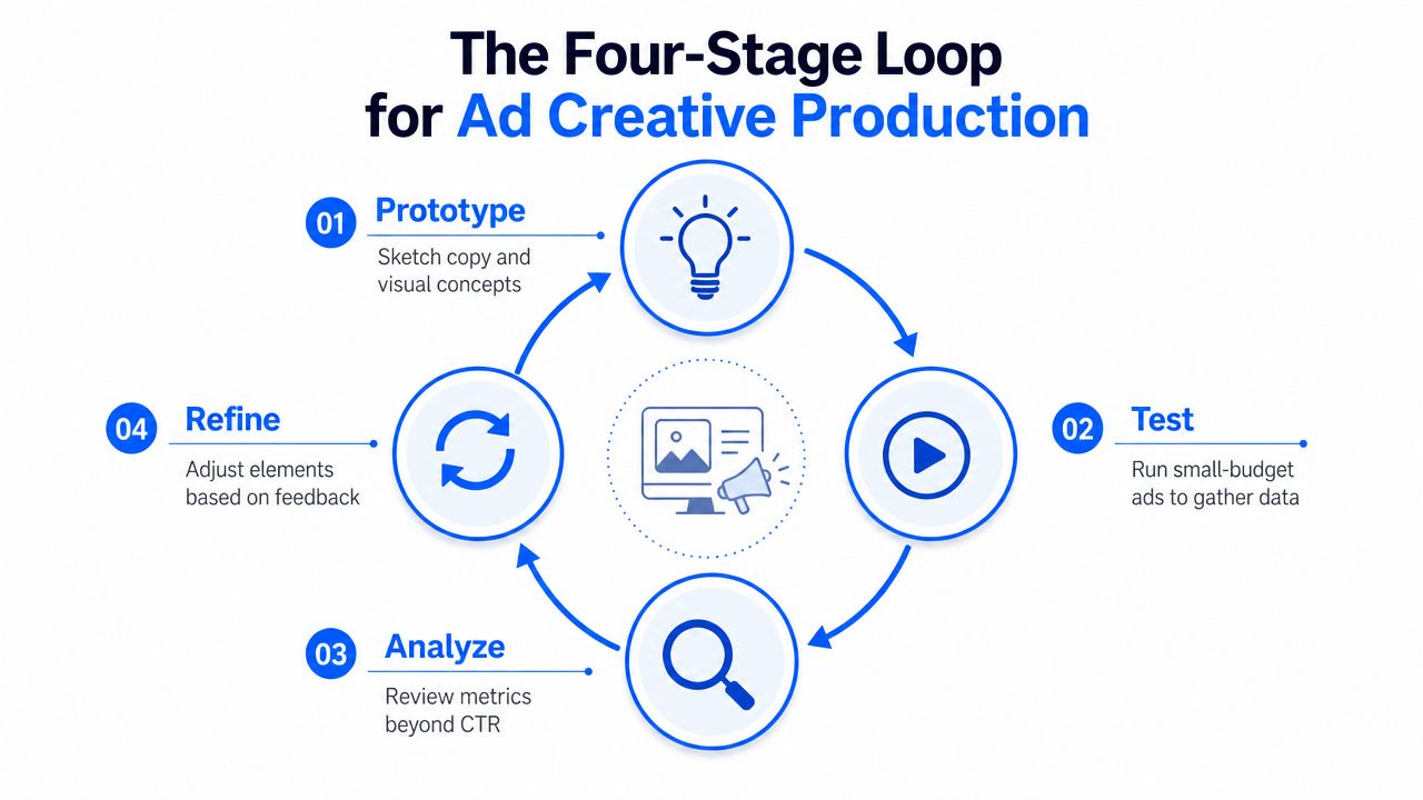 A four-stage loop diagram illustrating the iterative creative production process for digital advertising campaigns.