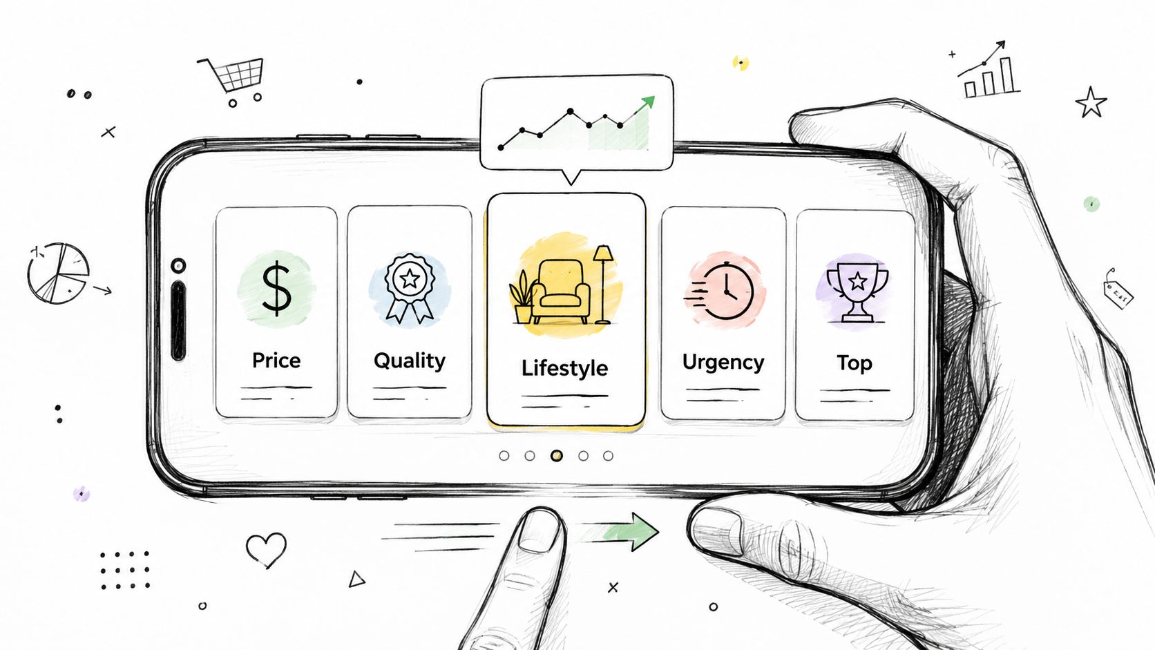 A hand holding a smartphone displaying various advertising strategy icons like Price, Quality, Lifestyle, Urgency, and Top.