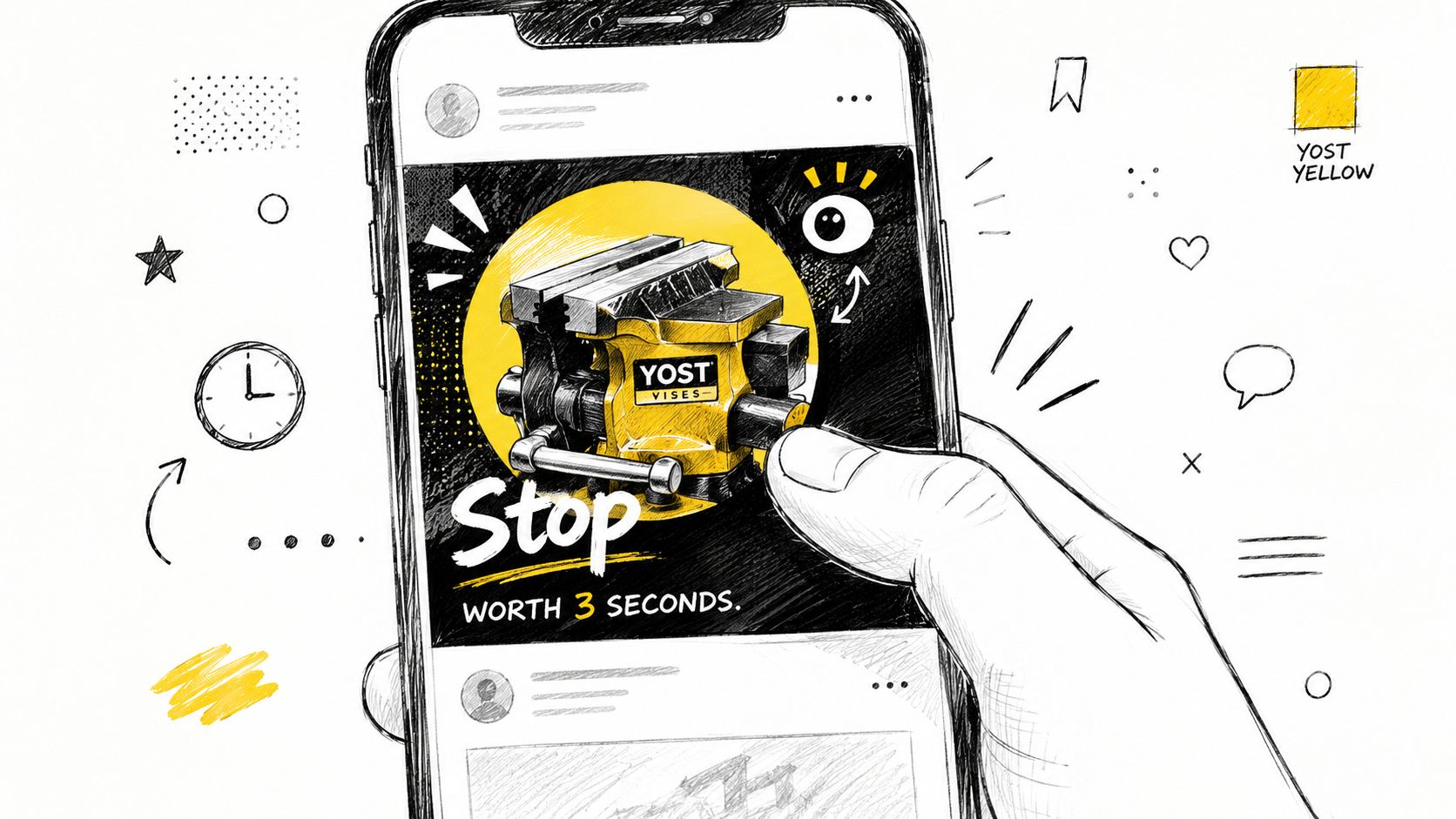 A hand holding a smartphone displaying an engaging social media ad for Yost Vises tools.