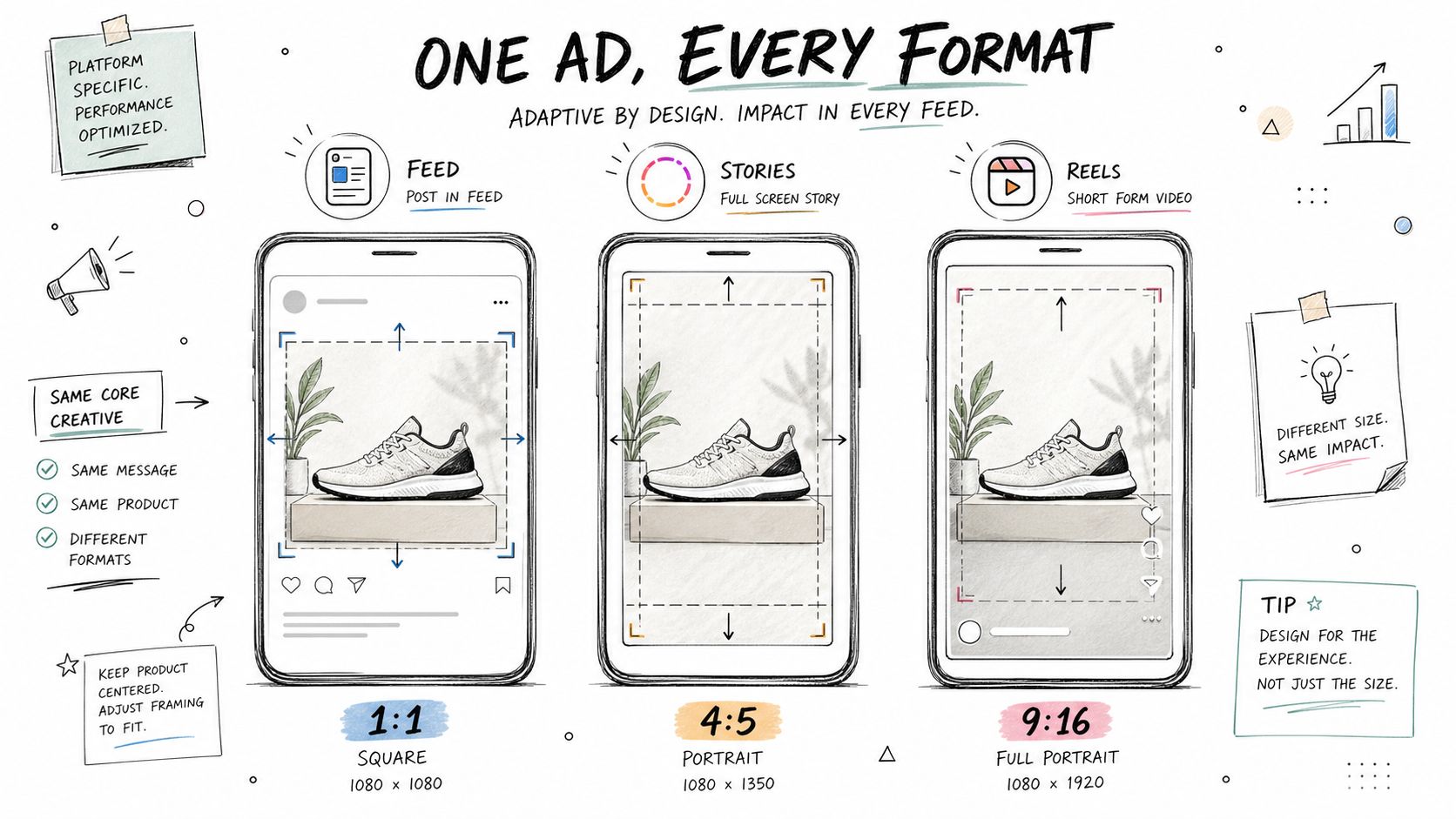A diagram illustrating how to adapt a single shoe advertisement design for different social media feed formats.