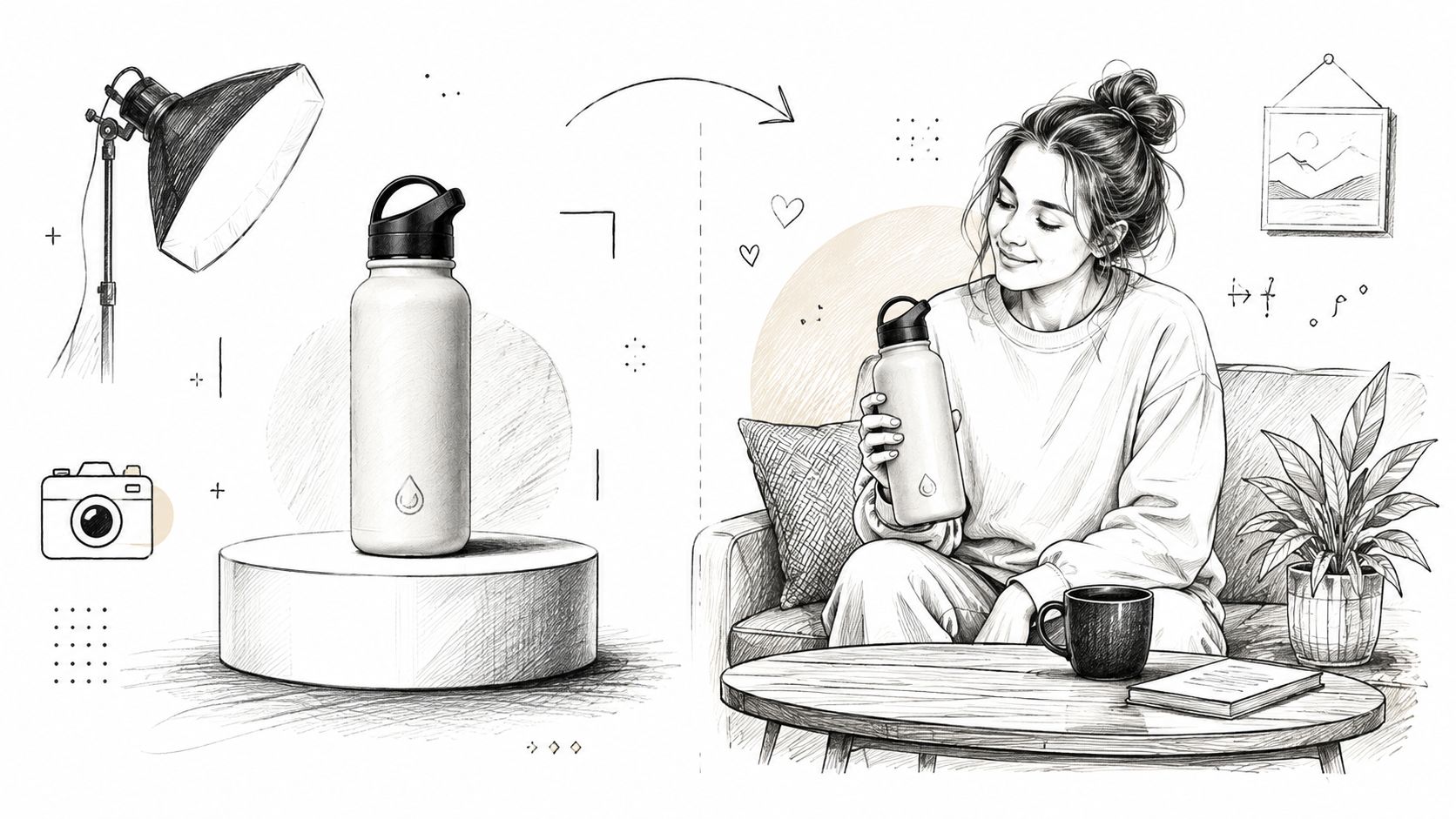A dual-style sketch showing a water bottle on a product display stand and a woman relaxing with it.