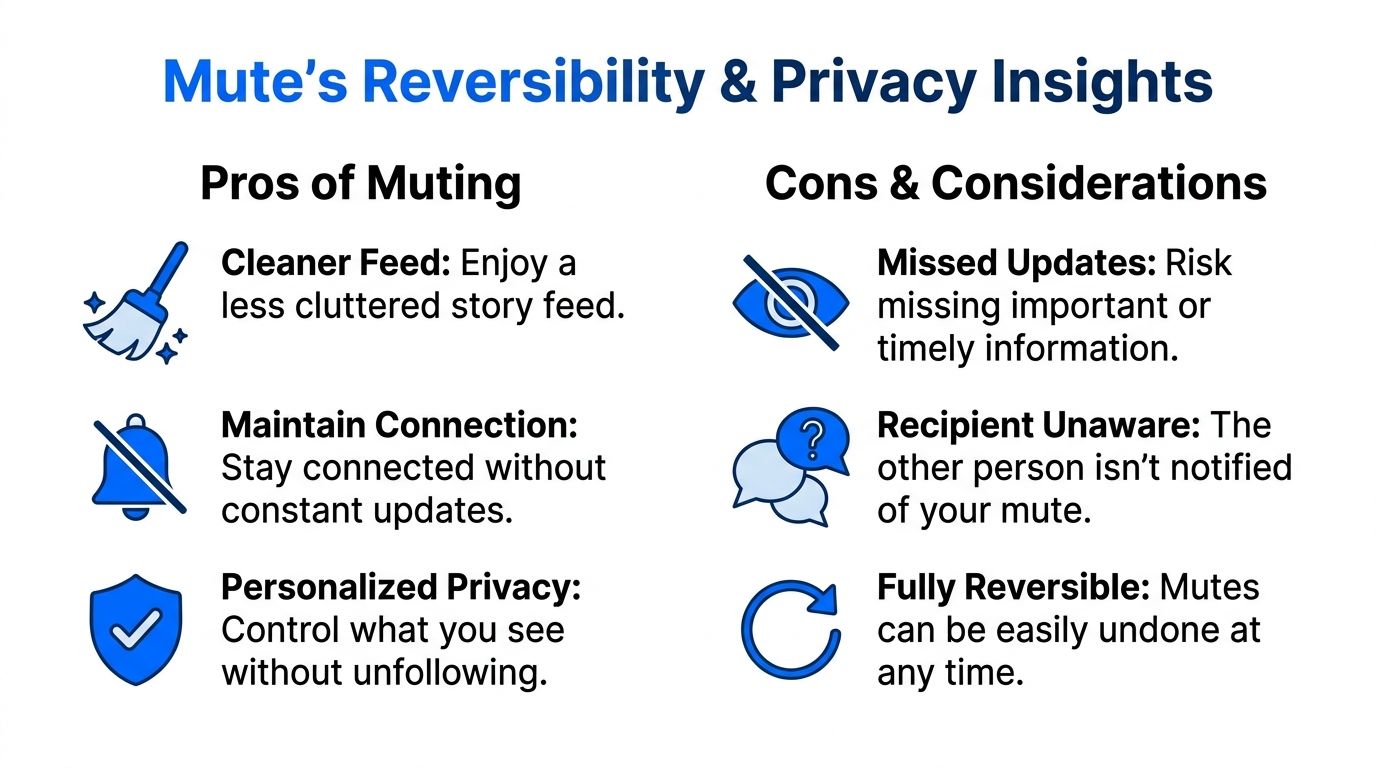 An infographic titled Mute's Reversibility and Privacy Insights outlining pros and cons of muting social media stories.