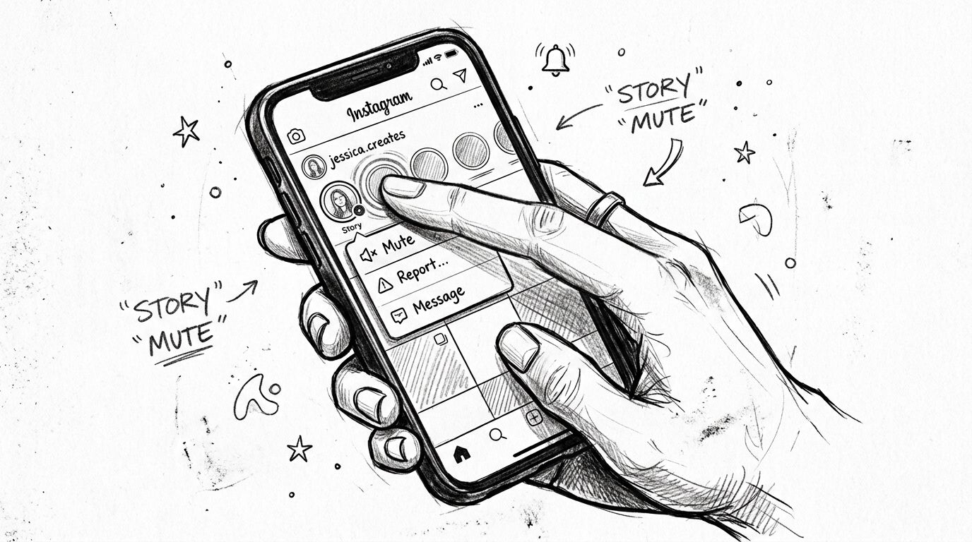 A hand holding a smartphone while demonstrating how to mute an Instagram story via a pop-up menu.