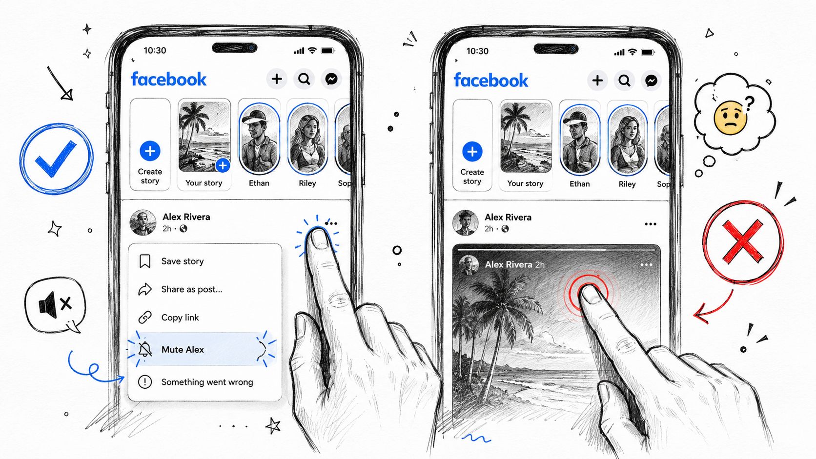 A hand selecting the mute option for a user's Facebook story on a smartphone screen.