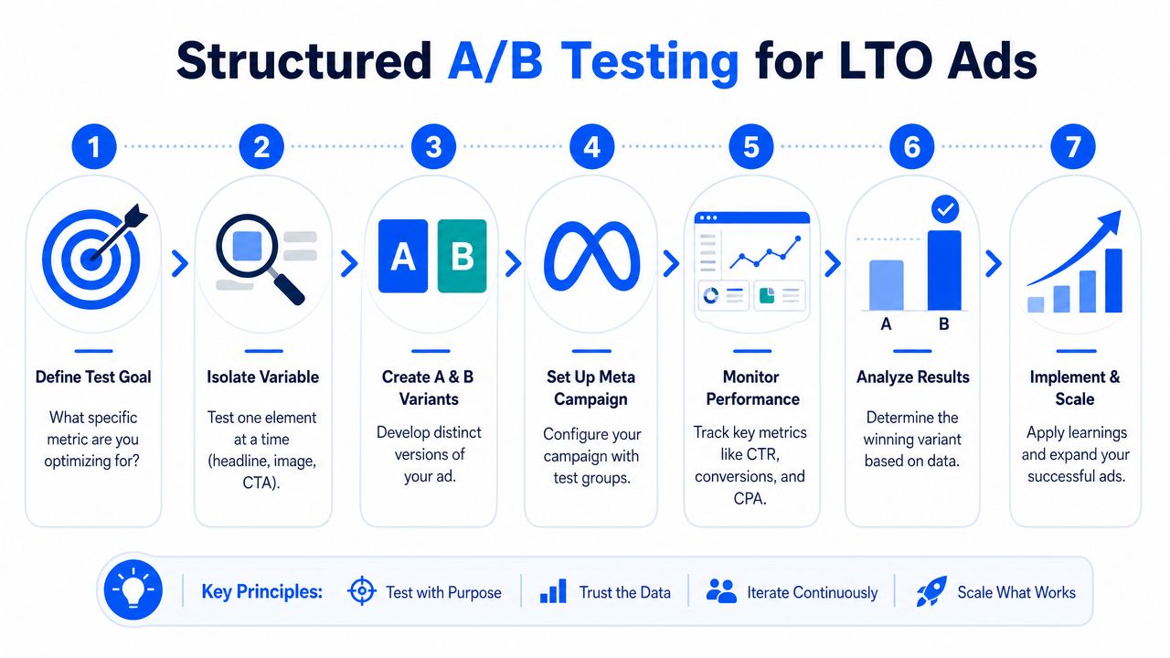 An infographic showing a seven-step process for structured A/B testing for limited time offer advertisements.