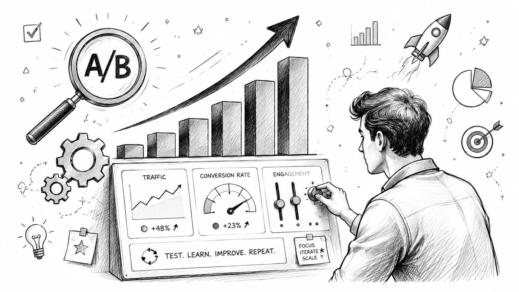 A professional analyzing business growth data on a dashboard with A/B testing charts and optimization tools.