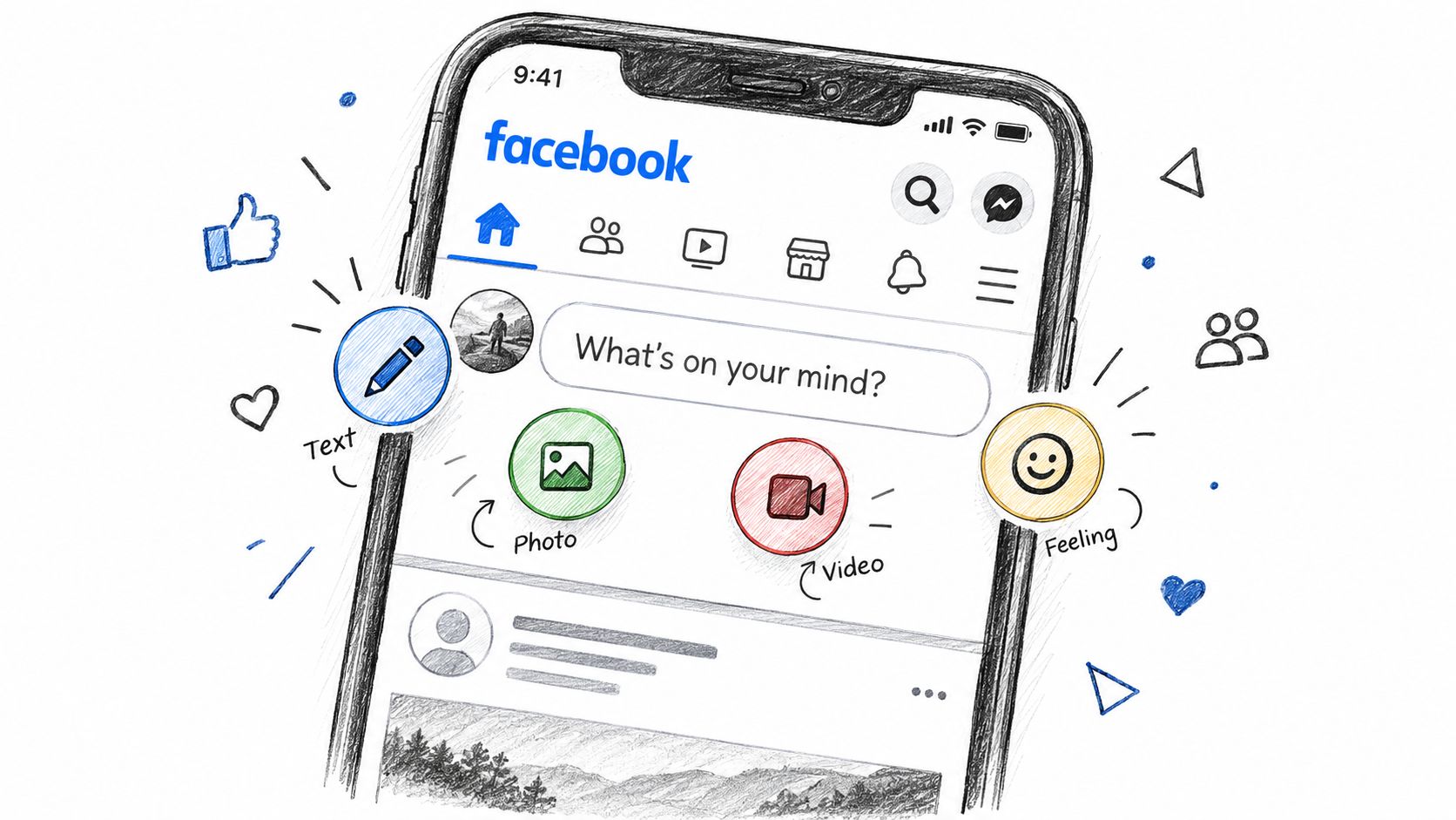 A hand-drawn illustration of a smartphone screen showing the Facebook interface for creating a new post.