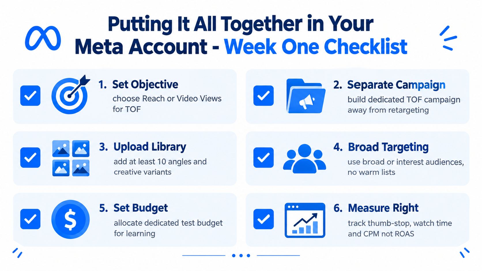 A six-step checklist for setting up a top-of-funnel Meta advertising campaign to improve marketing performance.