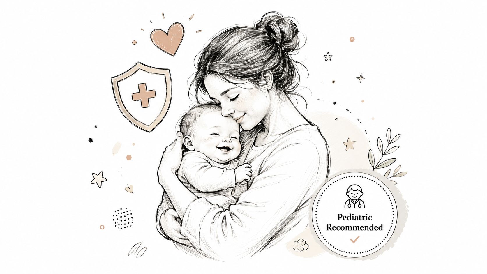 A pencil sketch of a caring mother holding her smiling baby with medical symbols and pediatric recommendation.