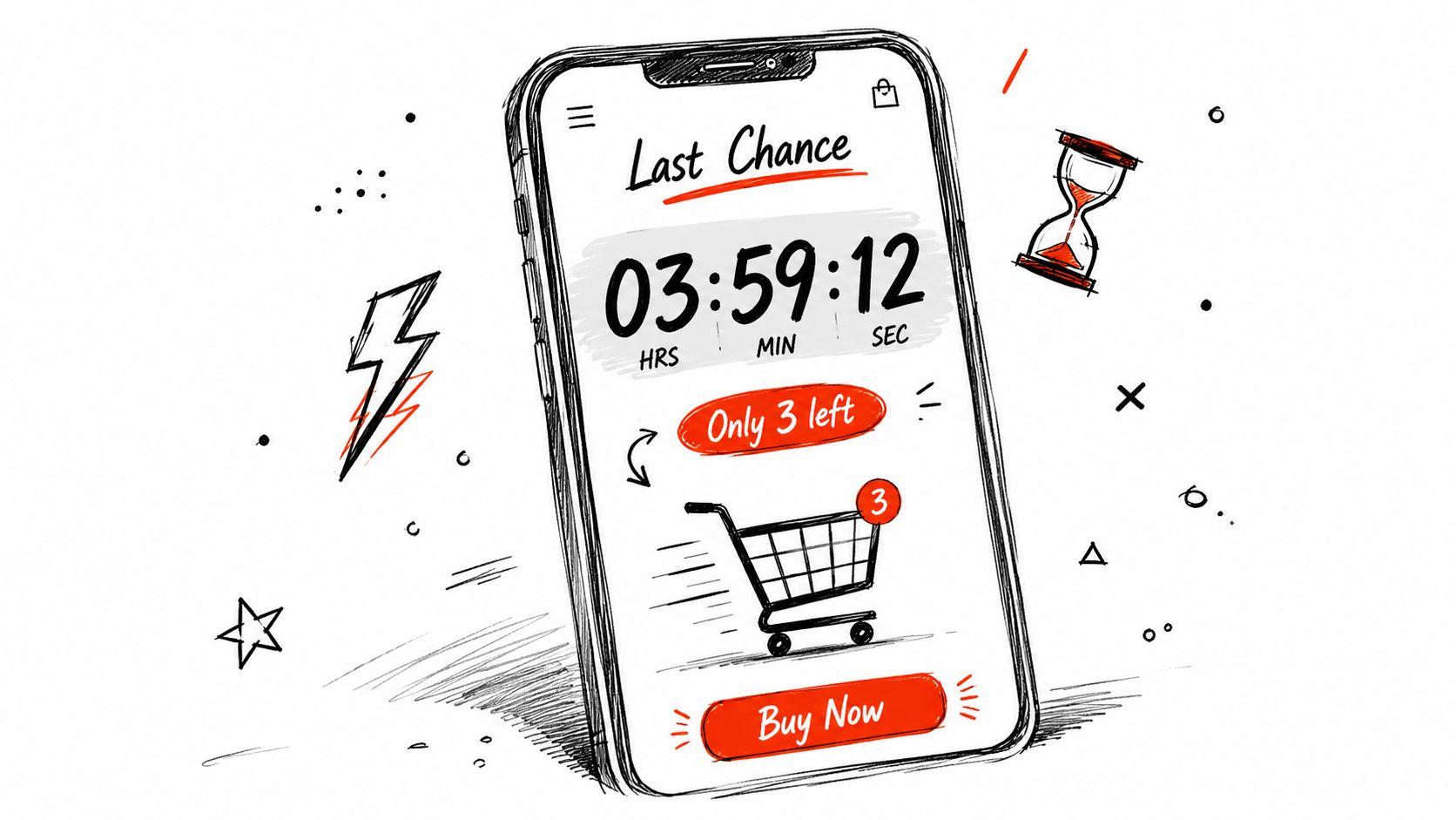 A hand-drawn illustration of a smartphone screen showing a countdown timer, limited stock, and buy now buttons.