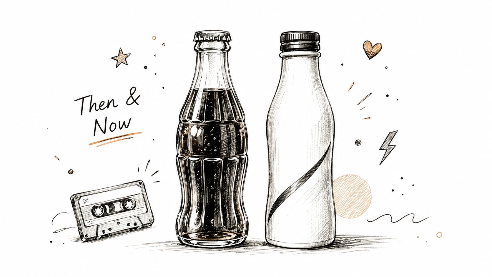 A hand-drawn illustration featuring a classic soda glass bottle next to a modern bottle with doodle elements.