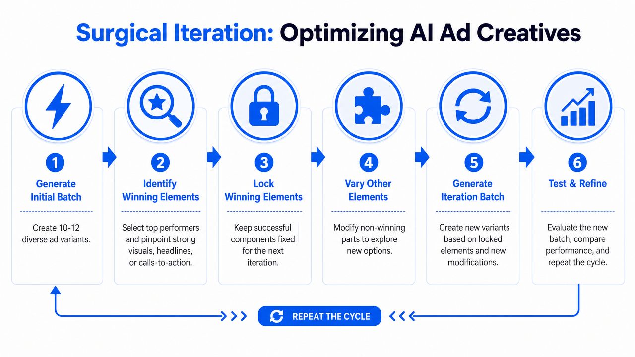 A six-step infographic demonstrating a process for optimizing AI-generated advertising creatives through iterative testing.