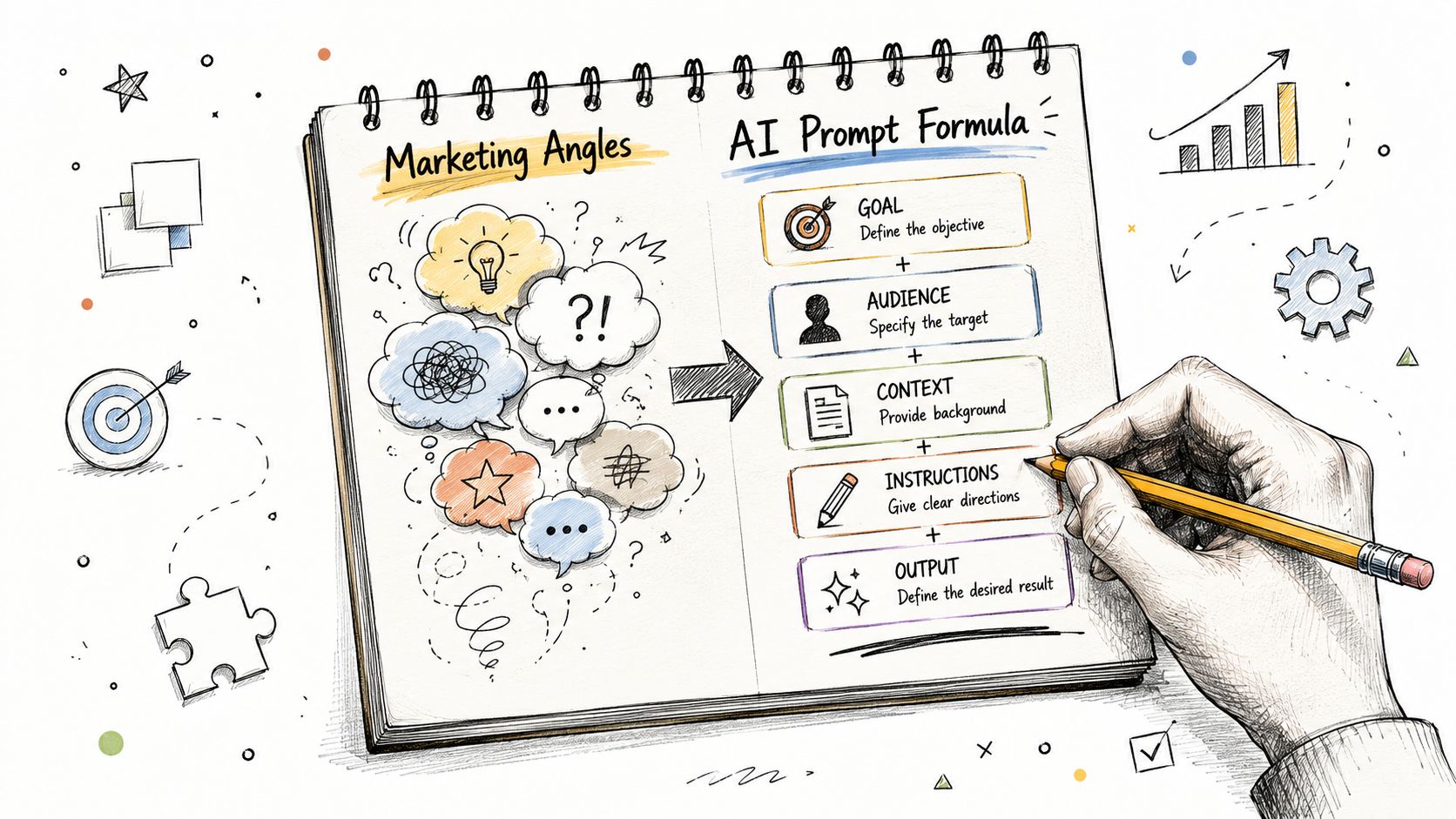 A hand drawing a guide to AI prompt formulas for marketing angles inside an open notebook.