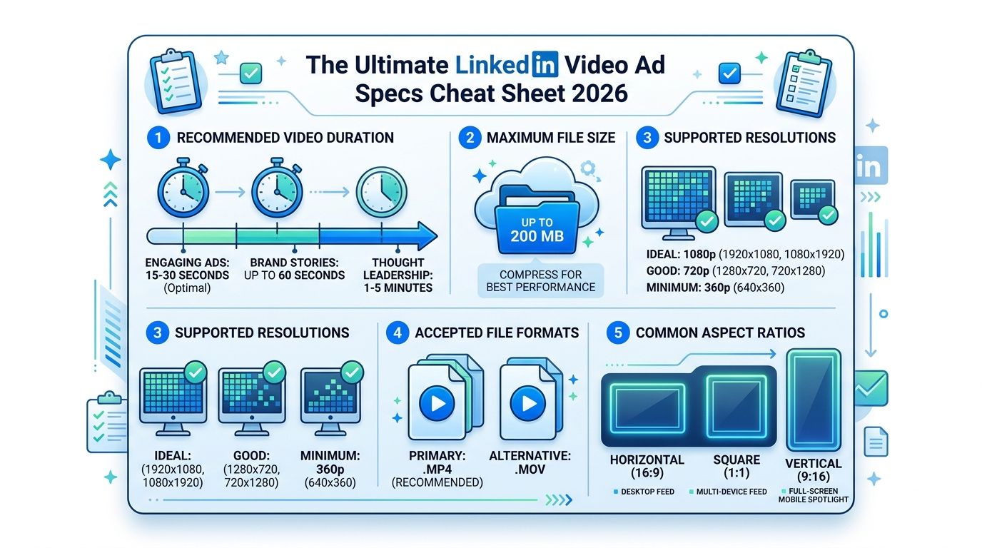 An infographic titled The Ultimate LinkedIn Video Ad Specs Cheat Sheet 2026 showing duration, size, and format.