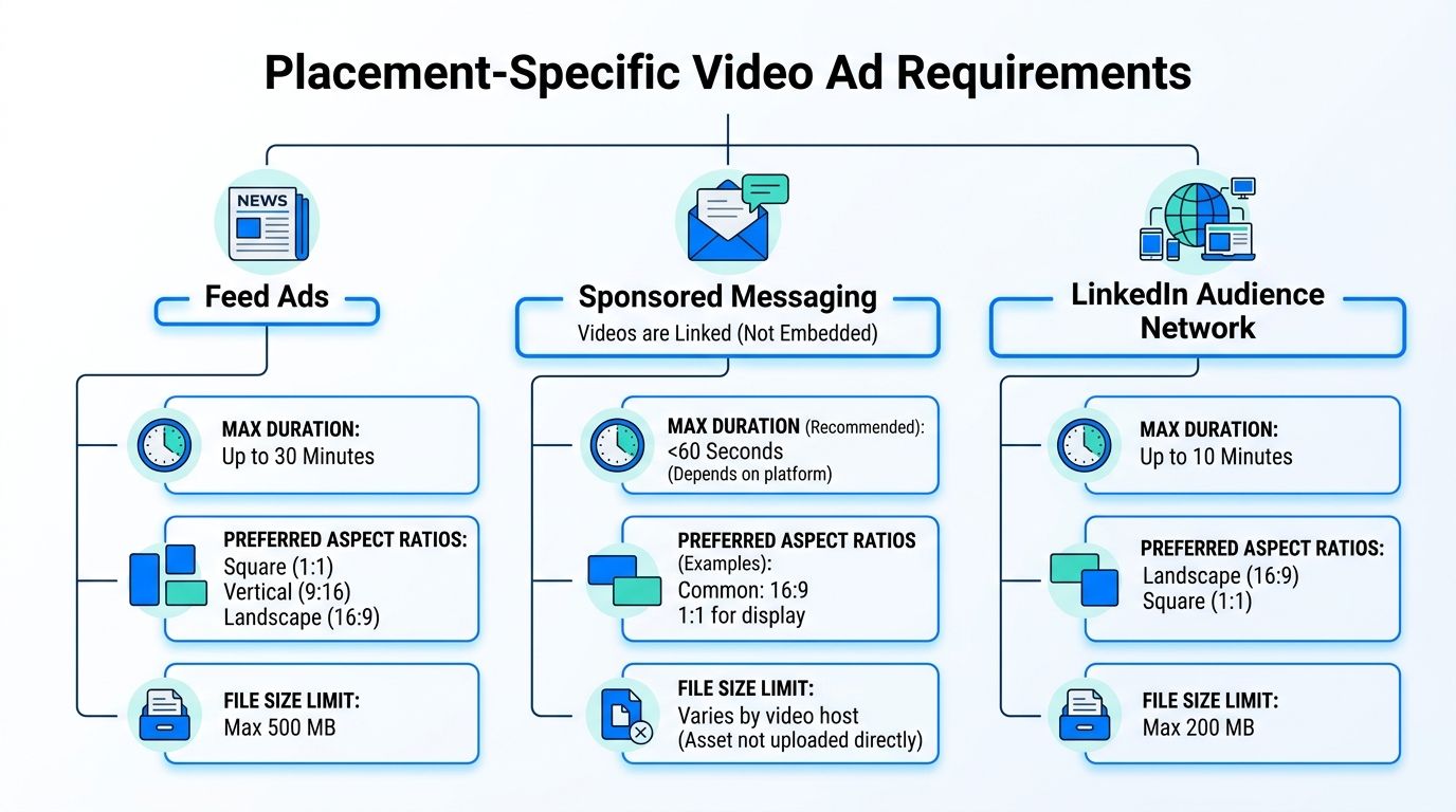 A chart showing video advertisement requirements for LinkedIn Feed Ads, Sponsored Messaging, and the LinkedIn Audience Network.