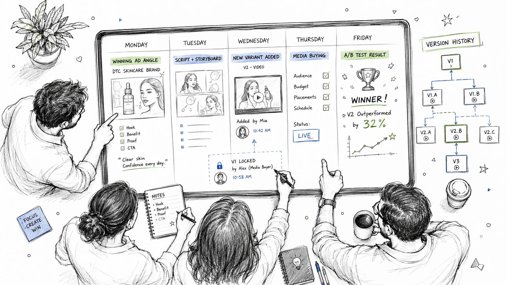 A team collaborating on a marketing project workflow depicted on a large digital whiteboard in an office.