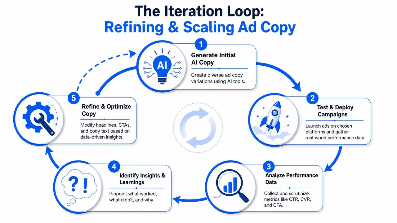 A diagram illustrating the five-step iterative process for generating, testing, and optimizing AI-driven advertising copy.