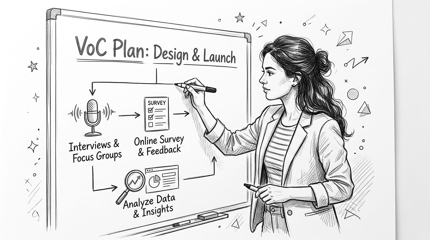 A professional woman draws a business process flowchart about voice of customer research on a white board.