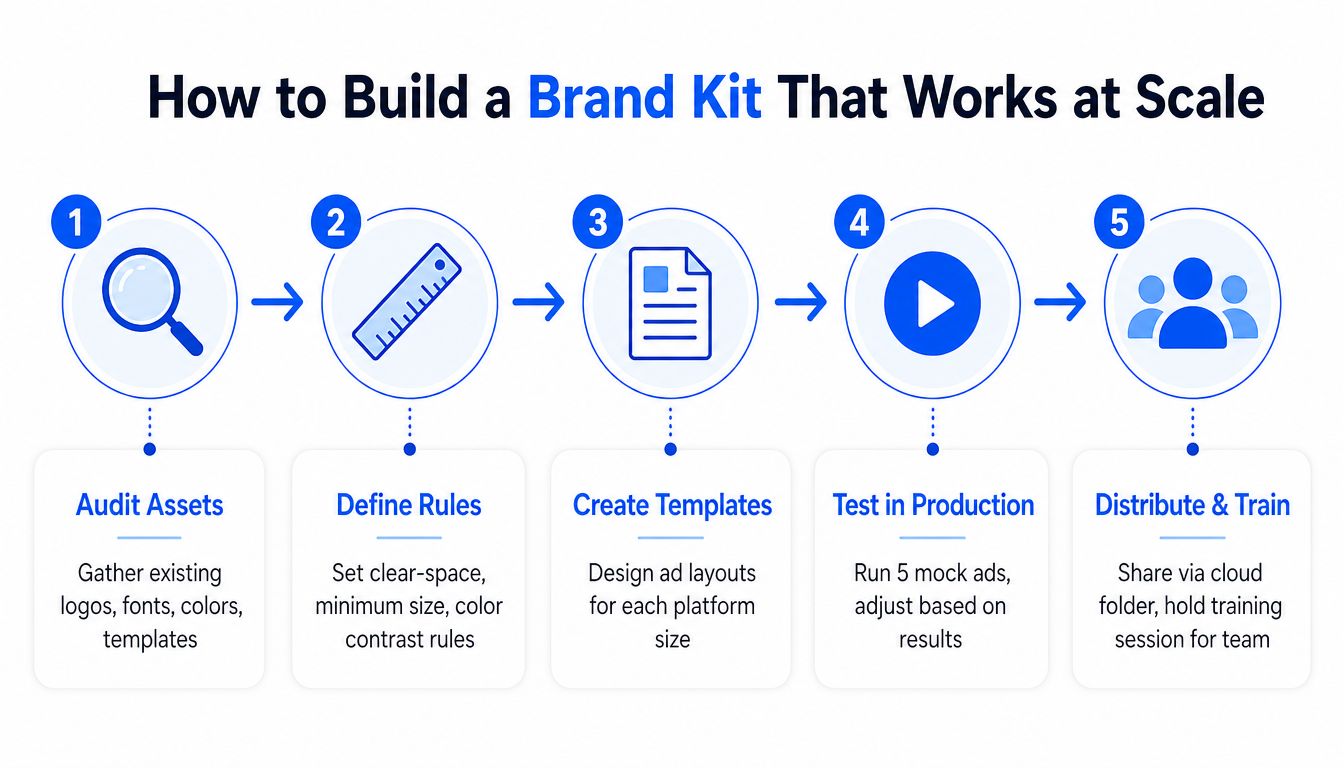 A five-step instructional diagram illustrating the professional process of building a scalable brand kit for marketing.