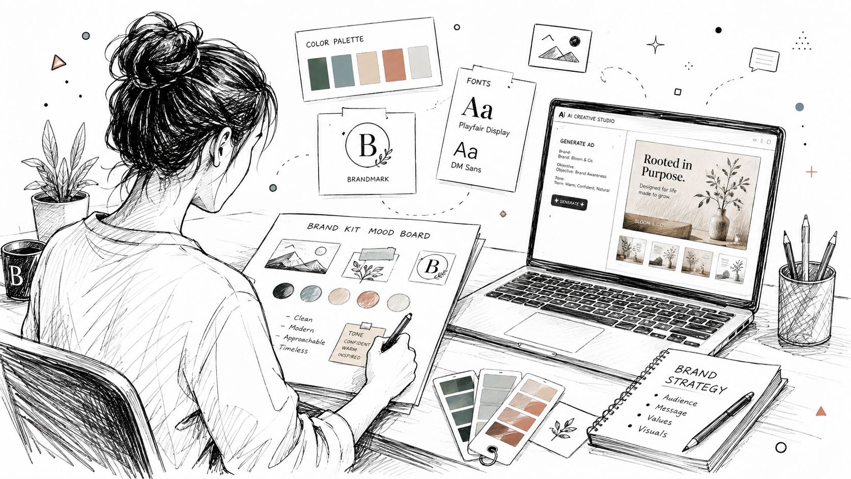 A creative designer working at a desk, organizing brand identity elements like logos, palettes, and fonts.