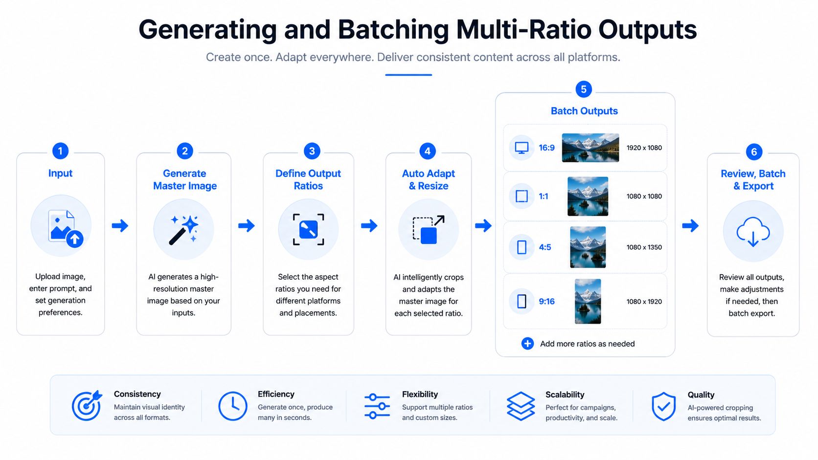 A six-step infographic showing the automated process of generating and resizing AI product photography for multiple platforms.