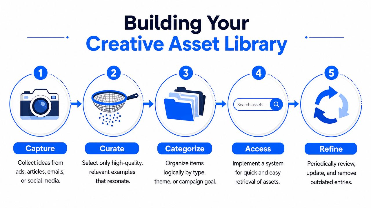 A diagram outlining a five-step process for building a creative asset library for marketing inspiration.