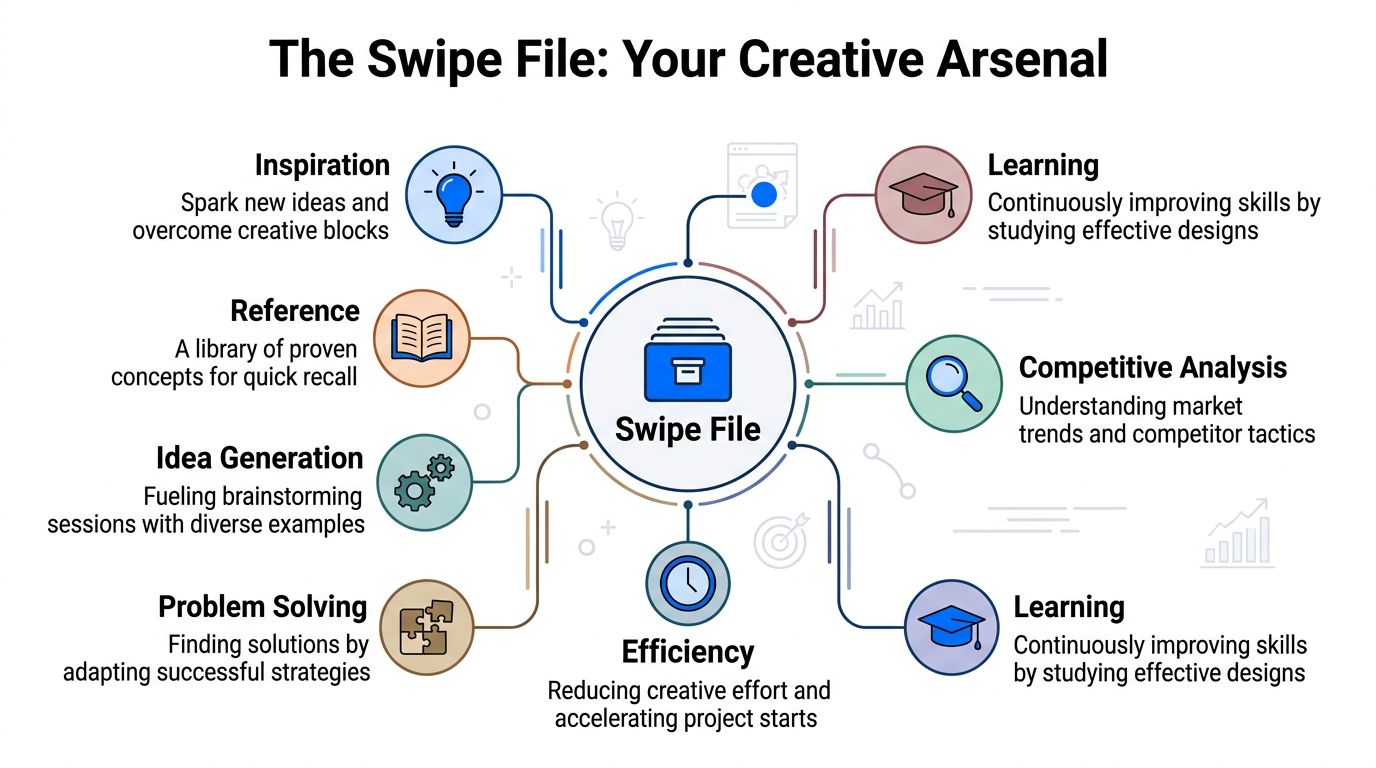 A diagram illustrating the benefits of a swipe file, including inspiration, efficiency, and creative skill development.