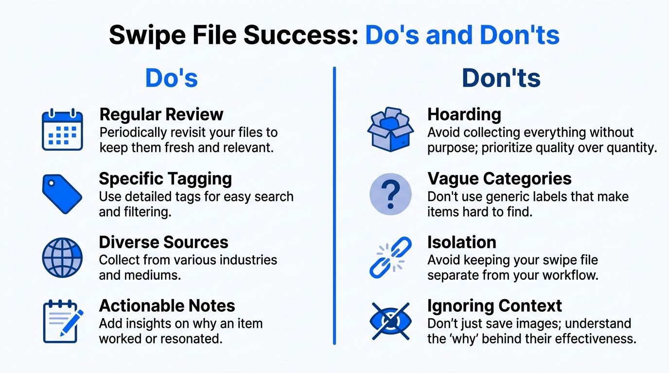 An infographic titled Swipe File Success showing a list of four recommended do's and four don'ts.