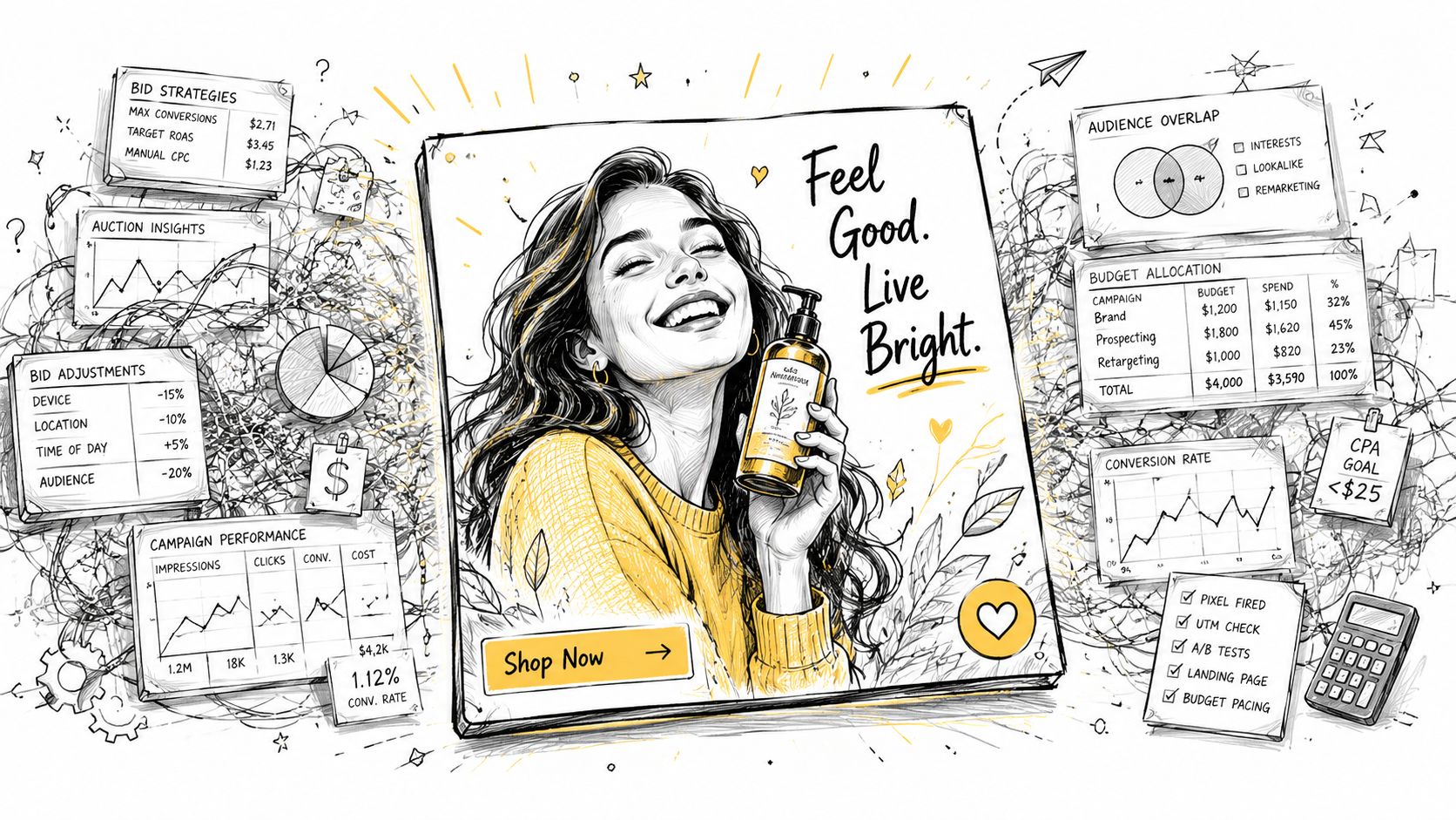 A hand-drawn illustration depicting marketing analytics, budget allocation, and digital advertising strategies surrounding a product ad.