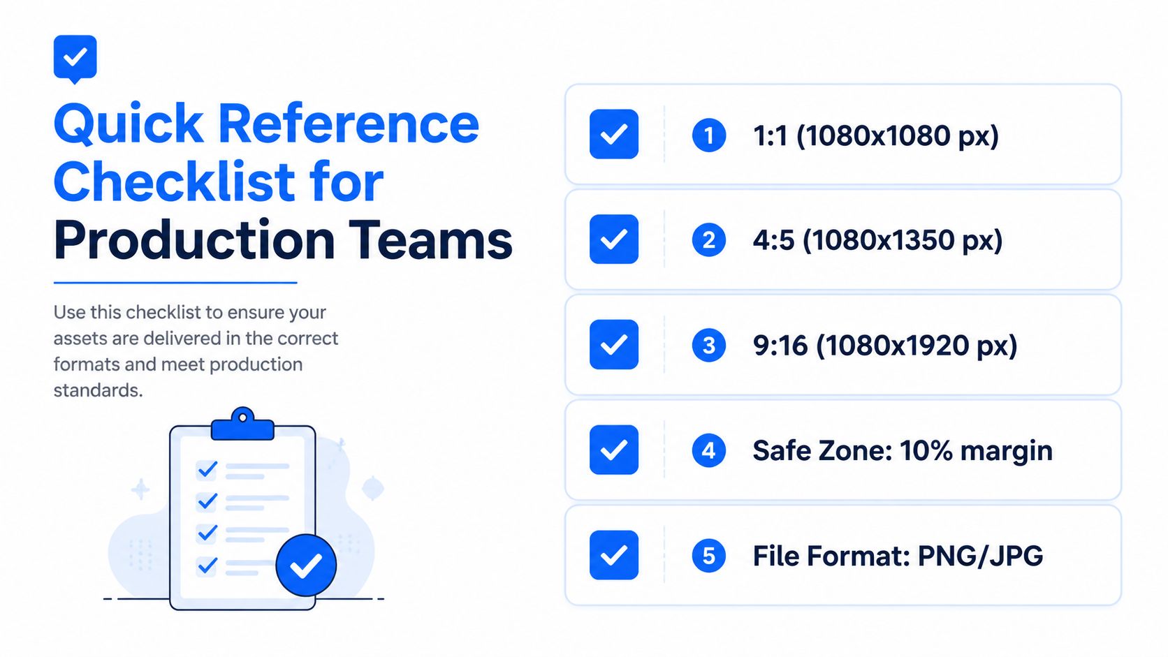 A quick reference checklist for social media production teams displaying image aspect ratios, margins, and file formats.