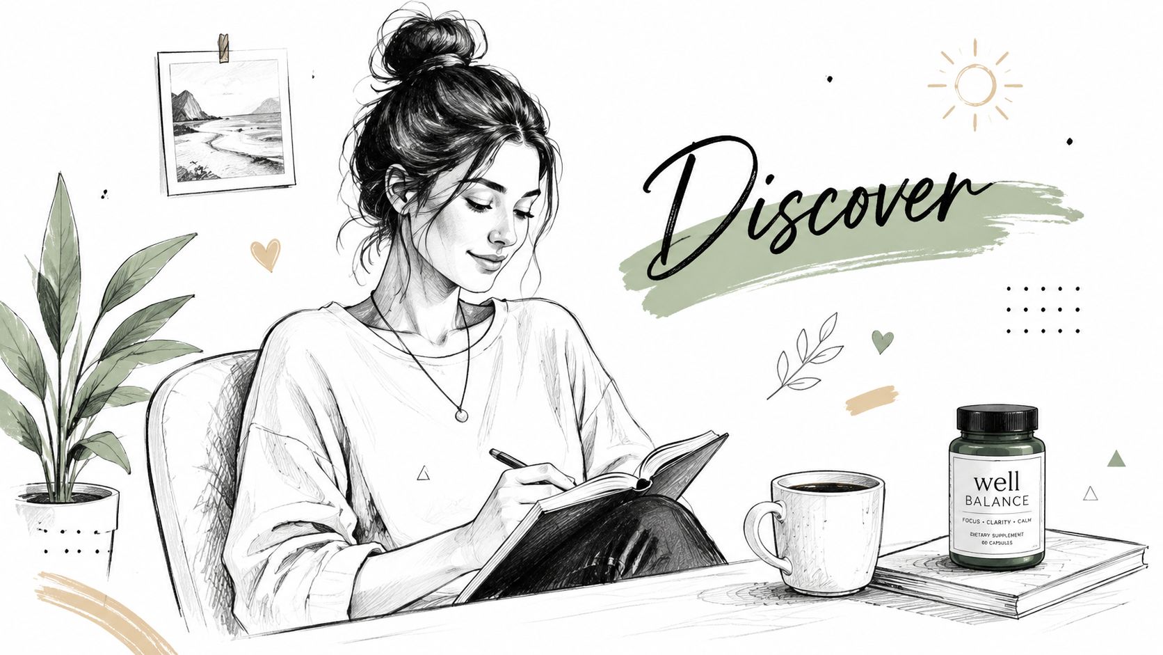 A pencil sketch of a woman writing in a journal next to a coffee mug and supplement bottle.
