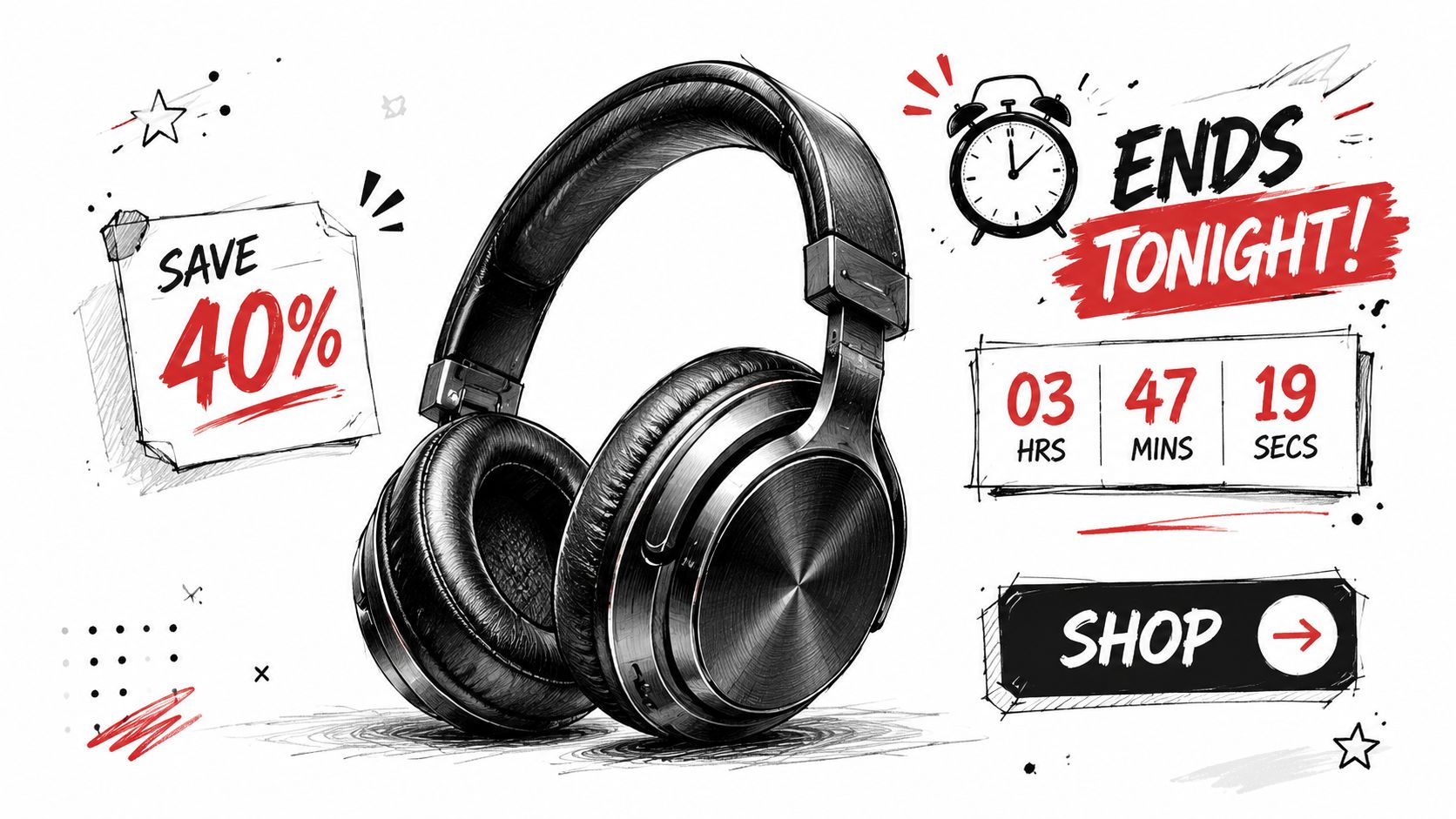 A digital sketch of headphones promoting a forty percent off sale ending in three hours.