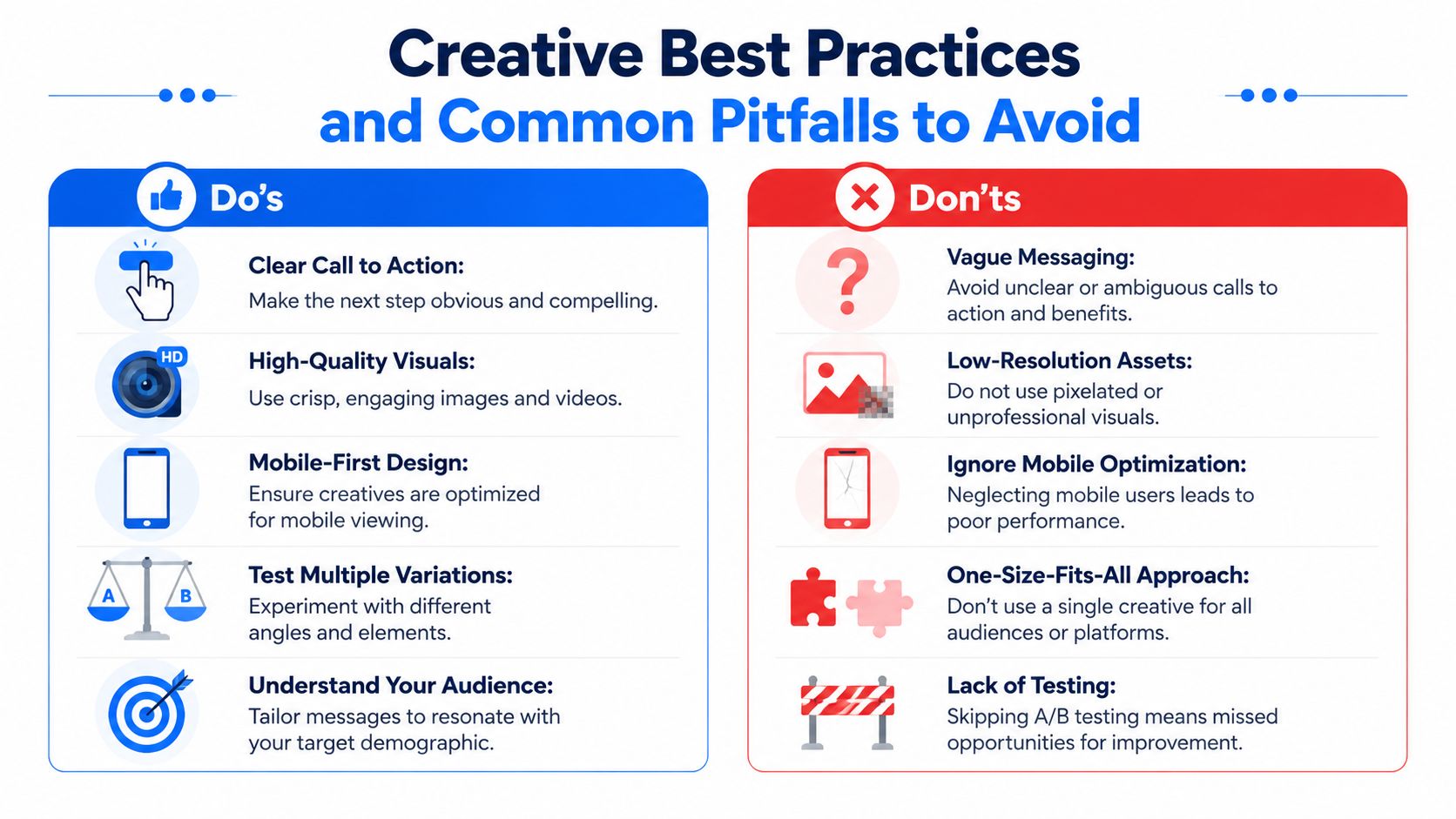 An infographic titled Creative Best Practices displaying a side-by-side comparison of effective do's and common marketing pitfalls.