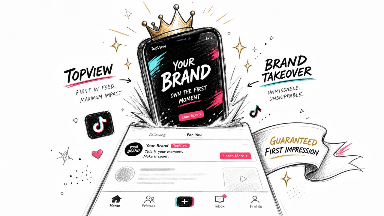 A hand-drawn illustration showing TikTok's TopView ad format with a phone screen displaying a brand advertisement.