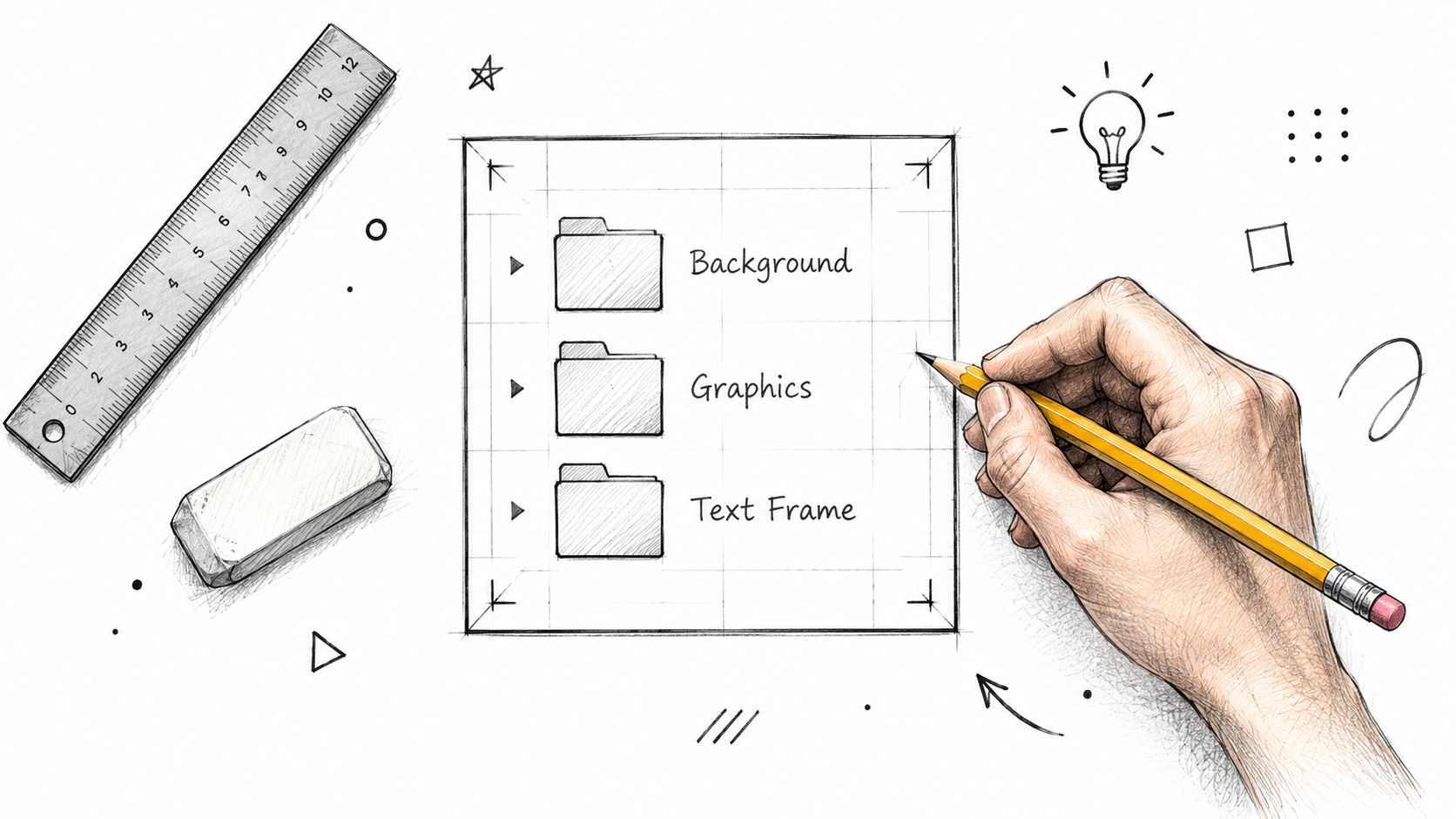 A hand-drawn illustration showing a designer sketching folder layers named Background, Graphics, and Text Frame.