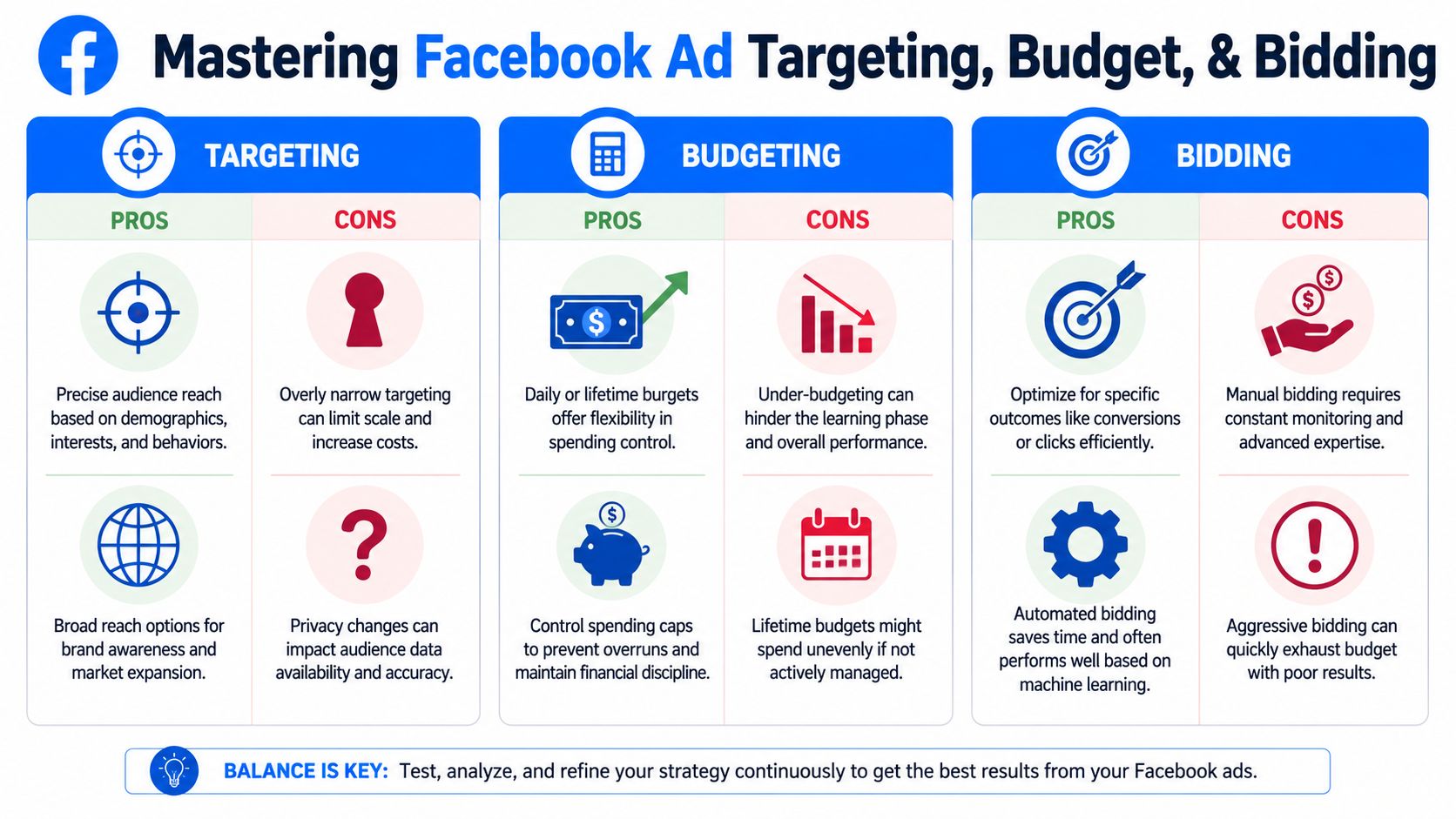 An infographic titled Mastering Facebook Ad Targeting, Budget, and Bidding, detailing pros and cons for each category.