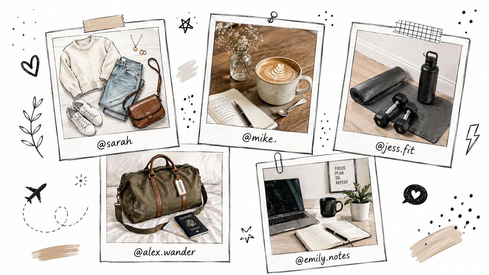 An Instagram carousel layout featuring lifestyle, travel, fitness, and office flatlay photos with profile usernames.