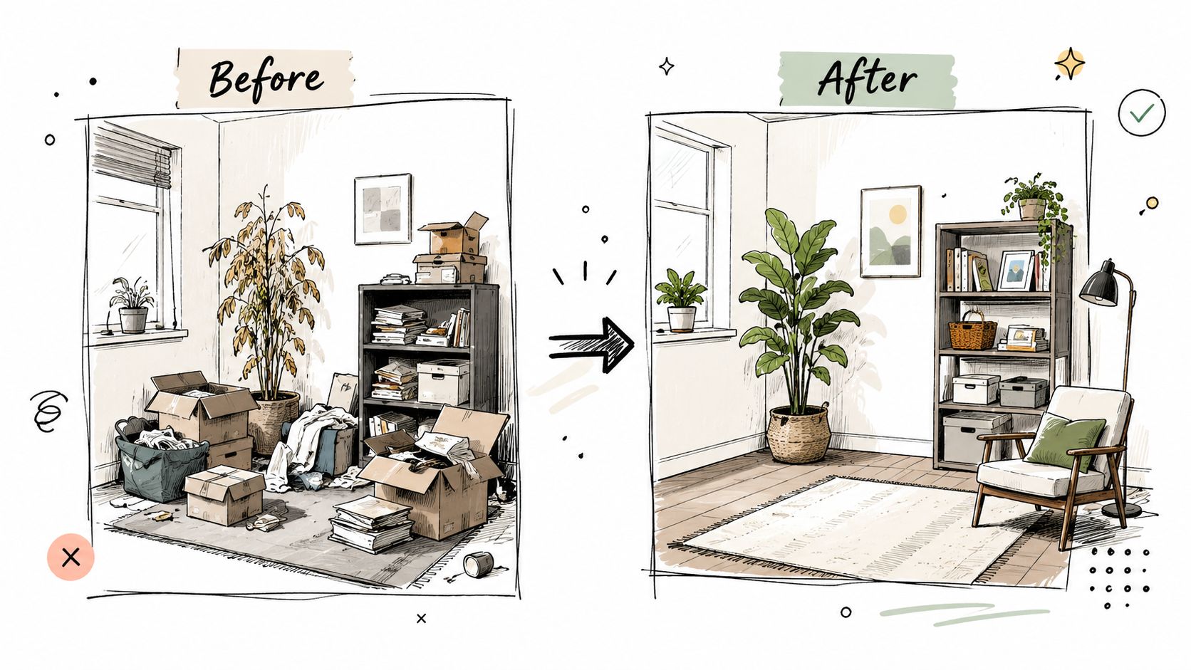 A split image showing a messy room filled with cardboard boxes before cleaning and a tidy, organized room after.