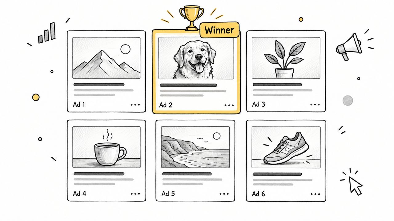 A digital illustration featuring six different advertisement cards with one labeled as the winner.