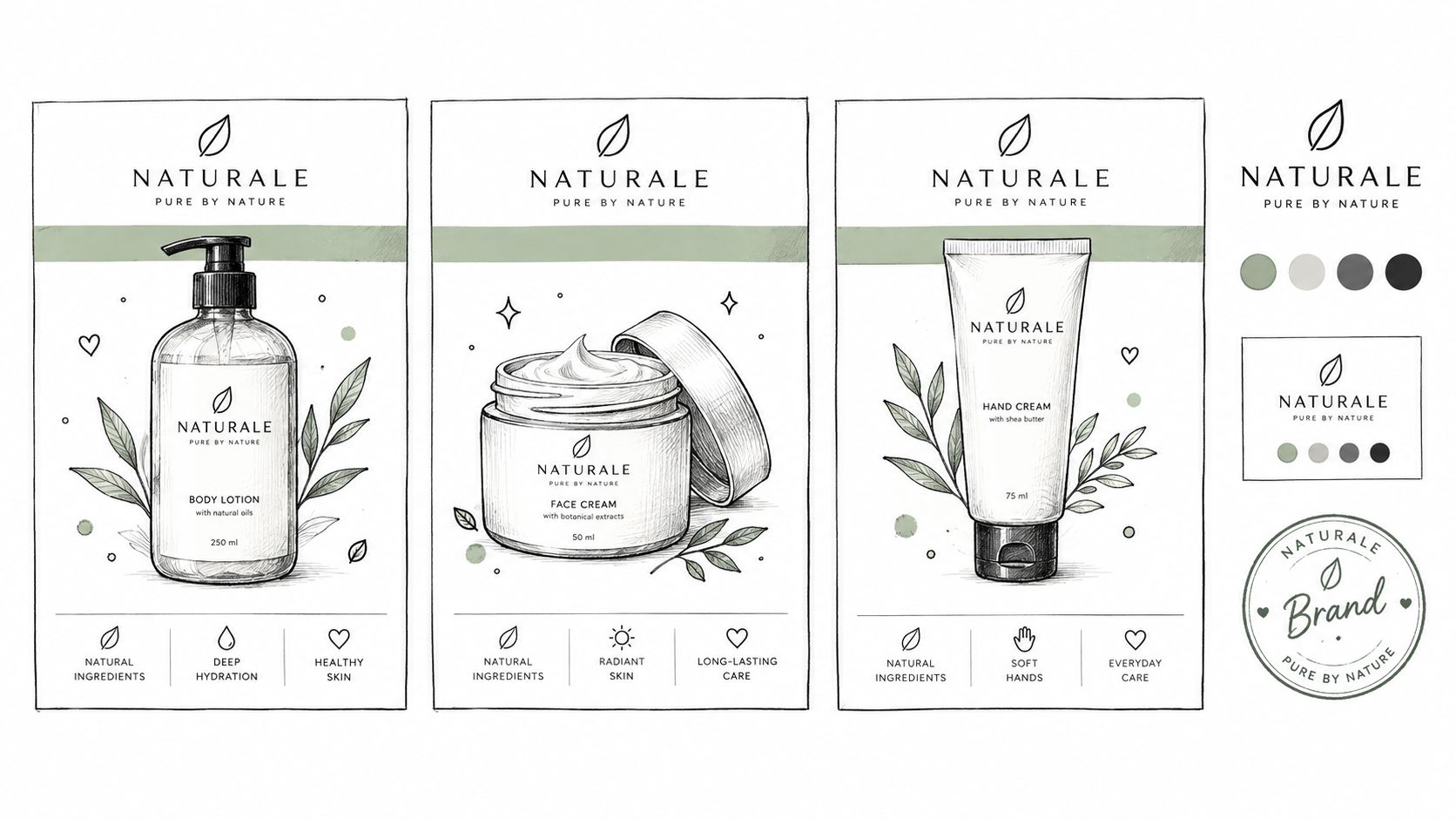 A product design set for Naturale skincare featuring hand-drawn illustrations of lotion, cream, and a brand logo.